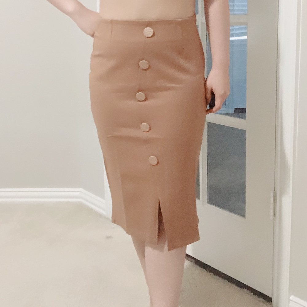 Women high waist elastic slit button pencil straight midi brown office skirt